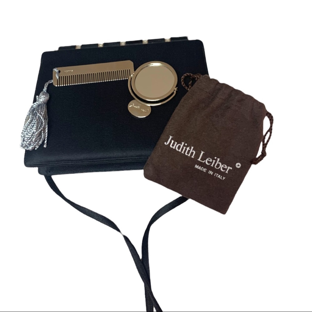 Judith Leiber black satin purse with rhinestones strap, mirror & comb